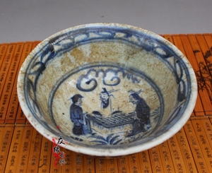 宣德年制手绘青花人物瓷碗 仿古做旧老瓷器 古玩古董茶碗酒碗瓷碗