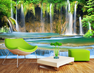 3d立体壁画壁纸墙纸森林河流瀑布流水风景电视客厅背景墙