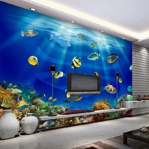 大型壁纸海洋世界心形鱼缸热带鱼背景墙纸壁纸客厅卧室3d立体壁画