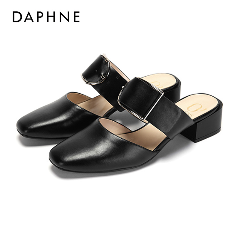 Daphne/达芙妮ONDUL/圆漾单鞋时尚欧美后空方头粗跟金属扣带拖鞋
