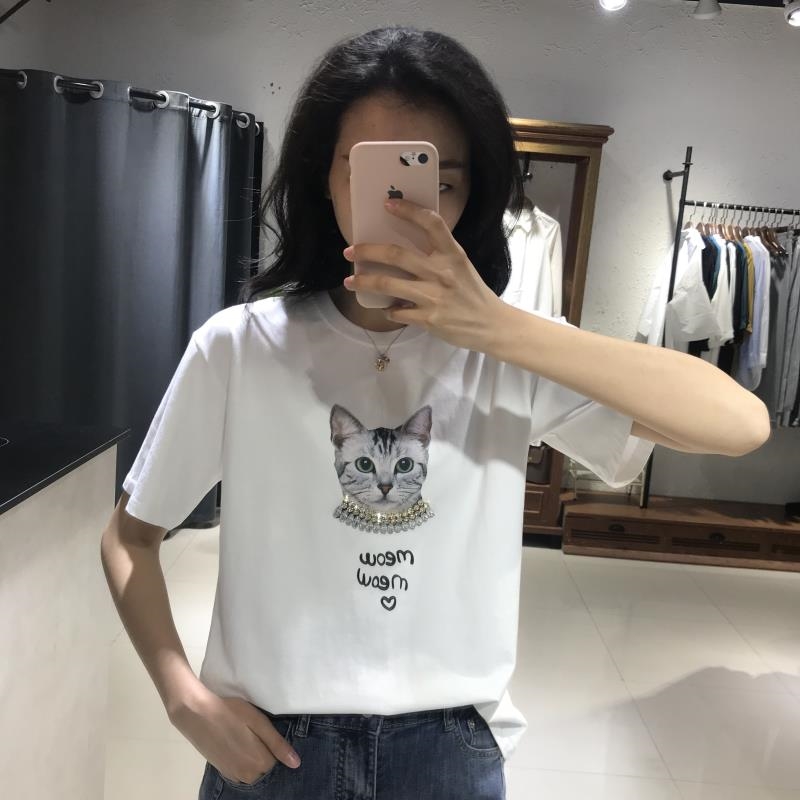 2019夏季新款韩版卡通小猫钉珠印花t恤女时尚显瘦半袖上衣短袖潮T