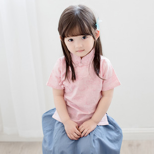 17夏女童短袖裙套装女童汉服中国风纯棉棉麻女宝宝复古民国亲子装