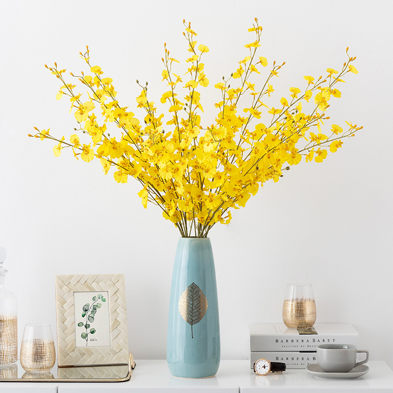 奇居良品 客厅卧室装饰假花花束花瓶摆件迎春花黄色跳舞兰仿真花