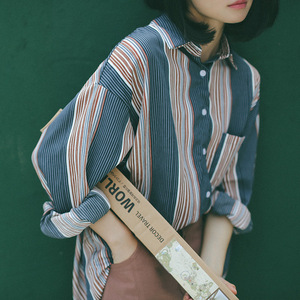 秋装韩版条纹宽松长袖学生衬衣百搭中长款蝙蝠袖衬衫外套女上衣女士衬衫