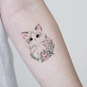 宝宝兔可爱小猫咪图案纹身贴防水女持久手绘彩色花朵小清新贴纸