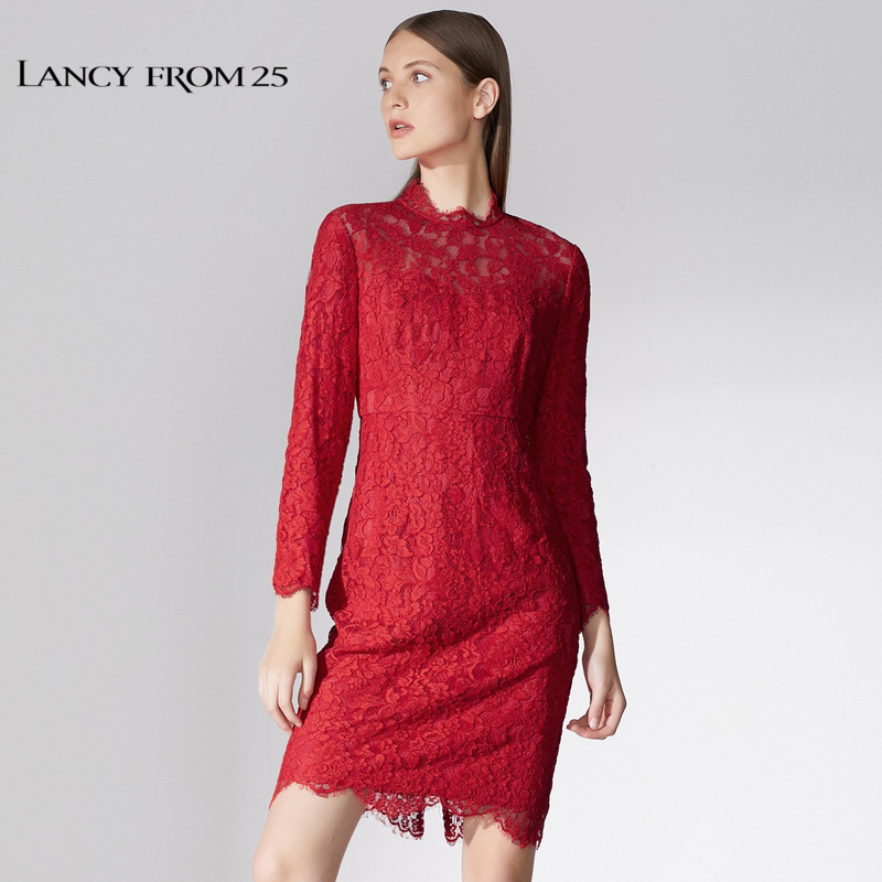 商场同款朗姿2018冬装新款立领一步裙修身收腰红色蕾丝连衣裙女冬