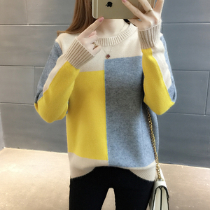 毛衣女宽松韩版套头学生拼色圆领春装2018新款女长袖百搭打底衫潮毛衣