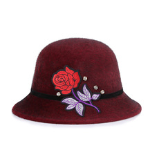 中年女帽子春秋冬季百搭妈妈刺绣花朵毛呢单帽老人婆婆优雅礼帽