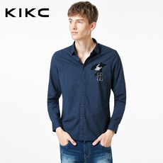 kikc男装长袖衬衫秋季新款韩版休闲宽松纯棉青年后背印花修身衬衣