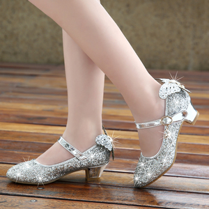 女童皮鞋2019新款韩版时尚高跟小公主鞋子5-12岁儿童银色水晶单鞋
