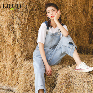 LRUD牛仔裤女2018春季新款韩版宽松学生背带裤高腰裤子显瘦九分裤牛仔裤