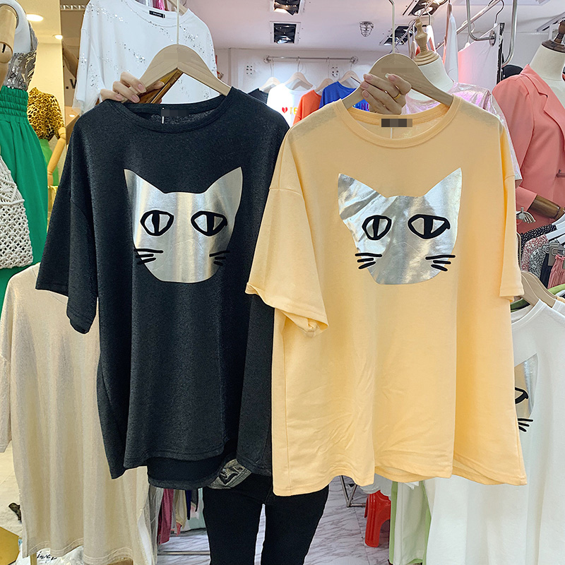 夏季新款韩版宽松版学生显瘦休闲套头短袖女百搭小猫图案闪金t恤