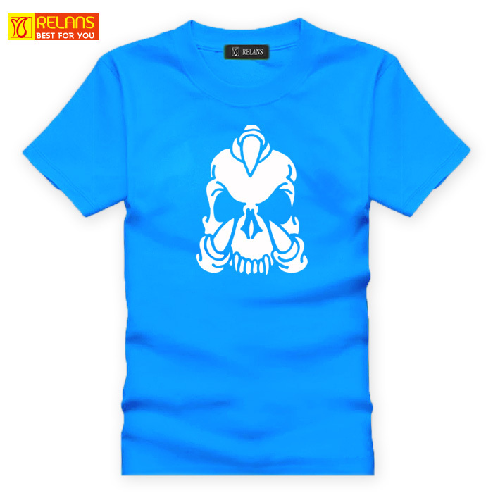 RELANS J1721 个性时尚创意 骷髅 印花 男女装纯棉短袖T恤蓝色