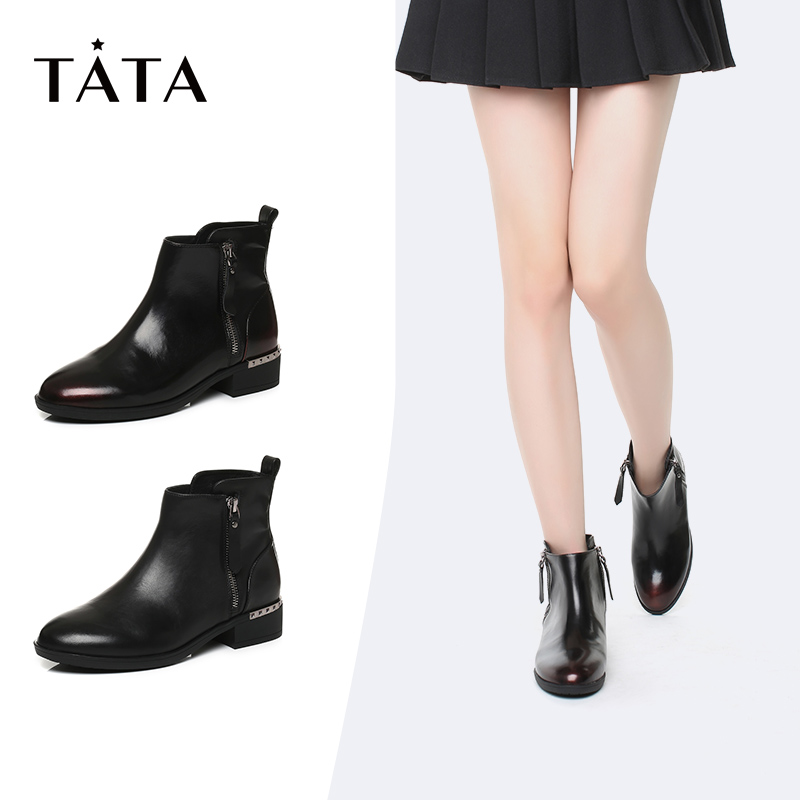 TATA/他她女靴冬商场同款通勤方跟休闲韩版女皮靴FAL40DD7