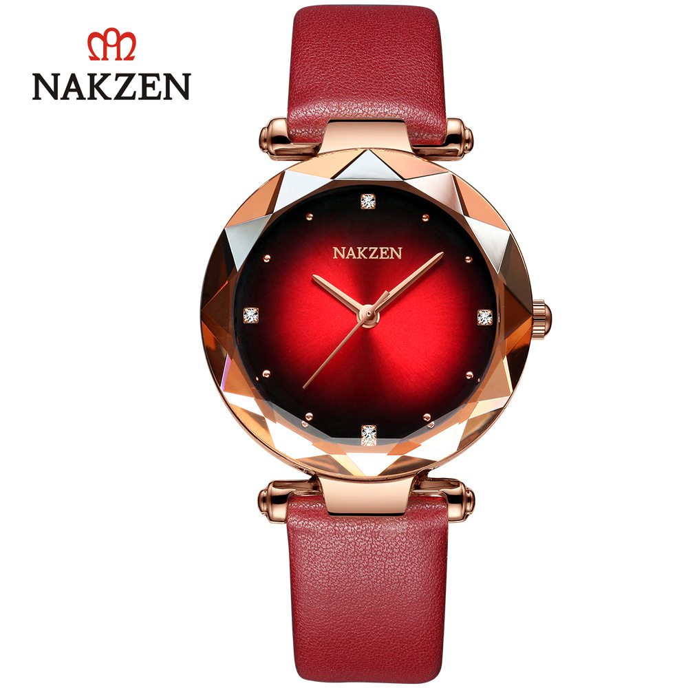NAKZEN抖音同款网红时尚女手表钻石切割镶钻防水真皮表带轻奢腕表