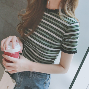 T恤女春装2018新款韩版修身显瘦条纹短款针织衫百搭套头打底衫潮针织衫