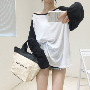MANBO 薄款防晒衫 韩版宽松慵懒拼接长袖T恤纯棉中长款上衣女夏秋