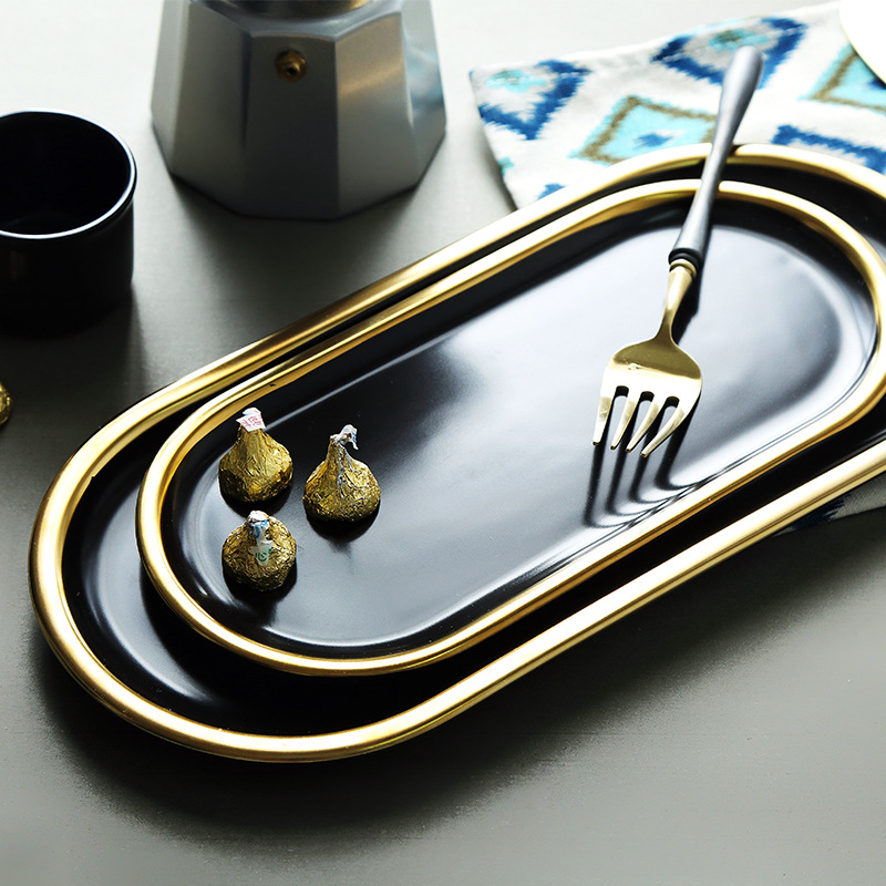 米诺北欧风黑色金边椭圆盘陶瓷餐盘简约感黑金托盘点心盘黑金系列