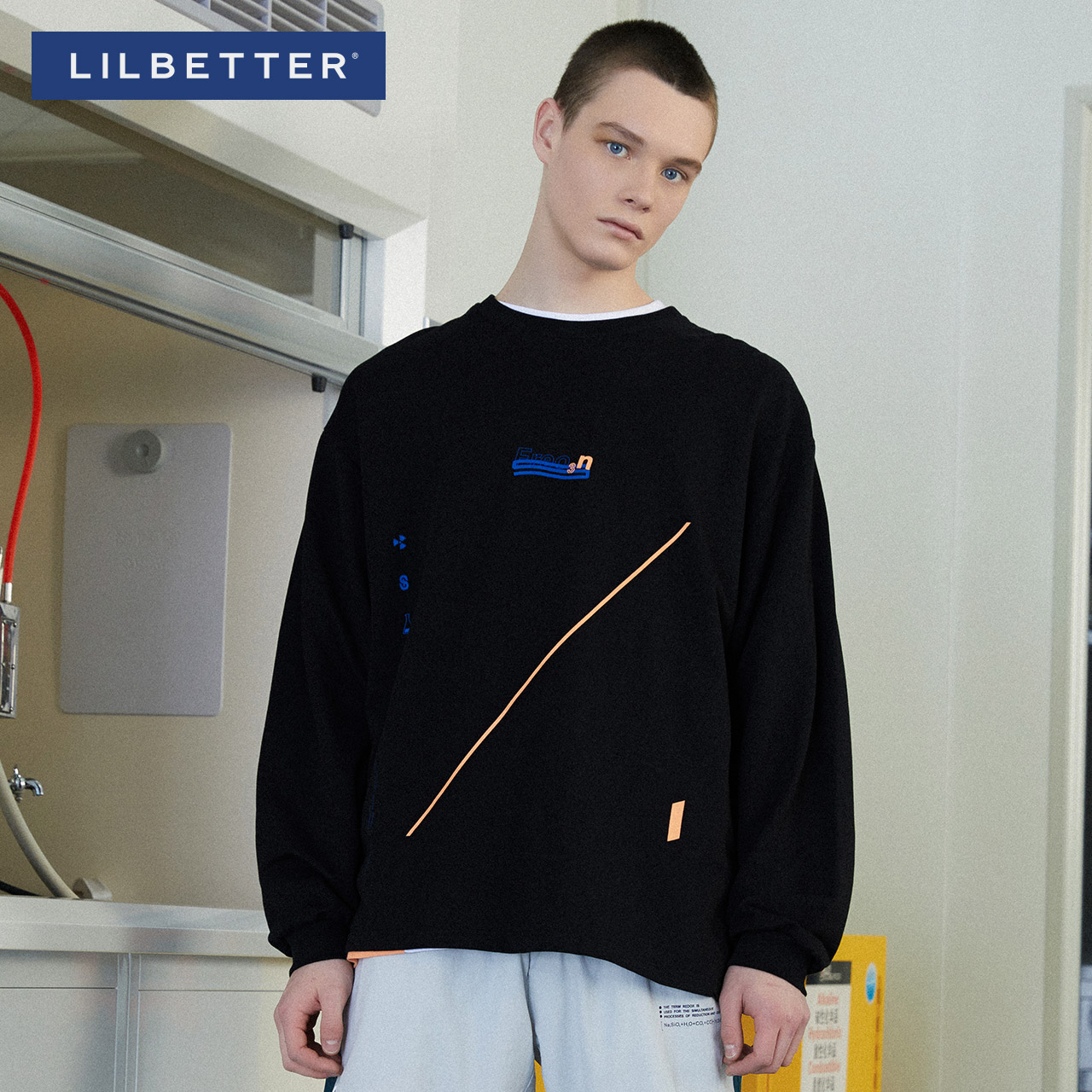 Lilbetter长袖T恤男春季新款打底衫时尚纯棉印花体恤潮流宽松卫衣