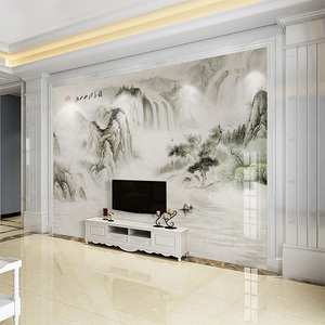 新中式风景水墨山水大理石壁纸客厅电视背景墙纸定制无缝钻石壁画