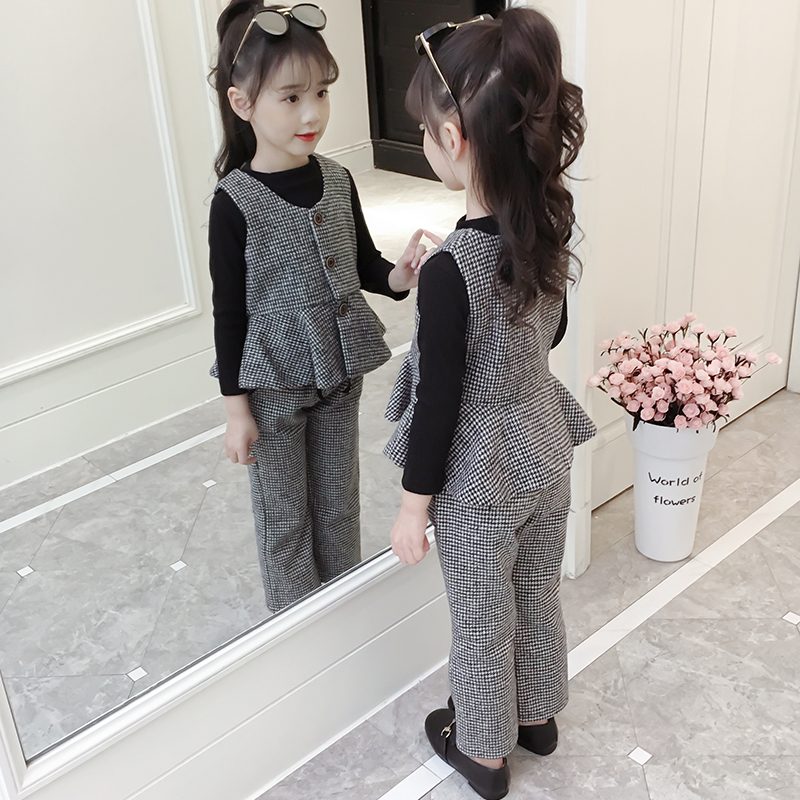 2019新款女童春季格子套装韩版洋气儿童中大童春装三件套童装潮衣