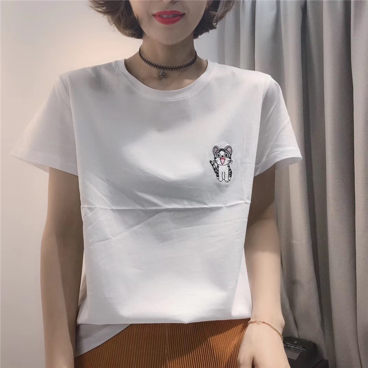 欧州站2019春夏季新款小猫刺绣圆领短袖T恤衫修身显瘦百搭女上衣
