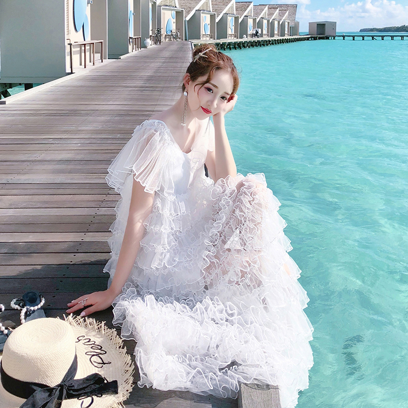 忆旅行夏季韩版网纱层层蛋糕裙褶皱荷叶袖海边度假沙滩长裙仙女裙