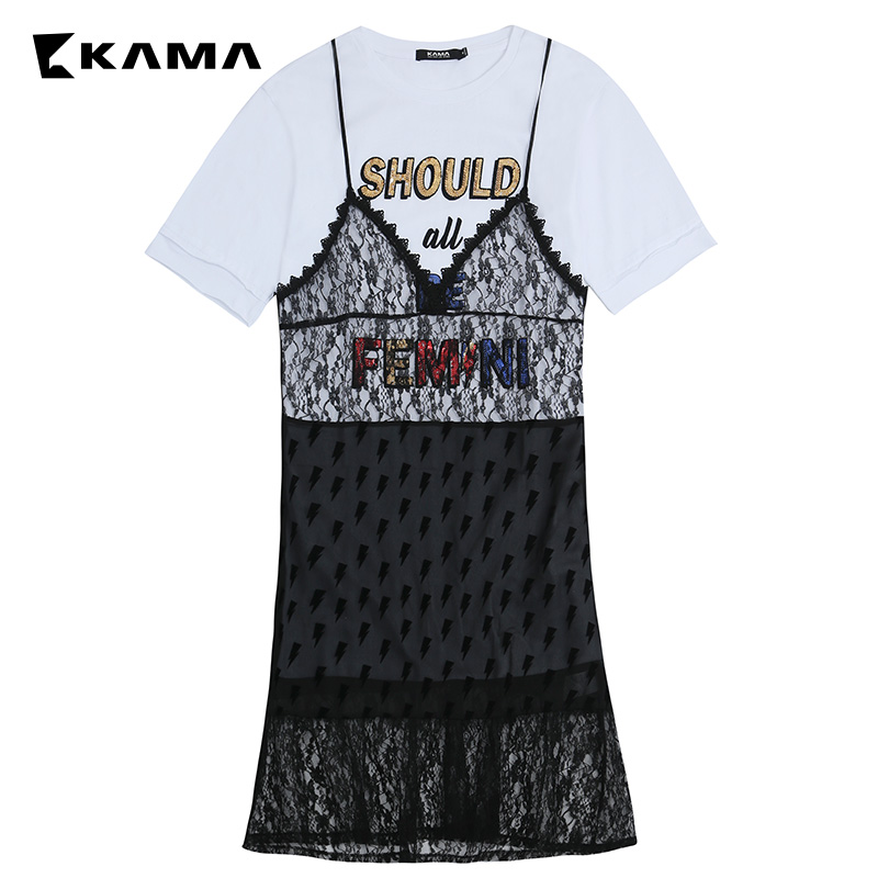KAMA卡玛夏季新款字母印花雪纺吊带连衣裙两件套装裙7218161