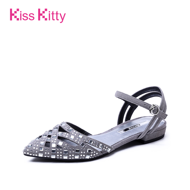 KissKitty2018春季新款羊绒水钻中空复古潮流时尚尖头女平底单鞋u