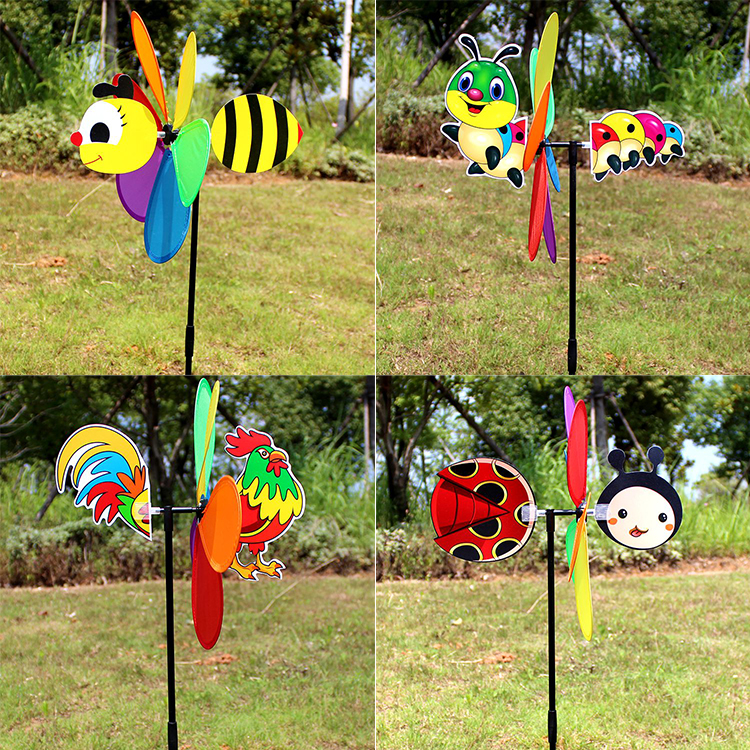 新年手持塑料儿童玩具户外旋转装饰六彩立体动物卡通布艺风车包邮