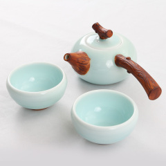 伍家坊 翠玉衔枝 一壶两杯 茶具 套装 陶瓷 青瓷 办公茶具 侧把壶