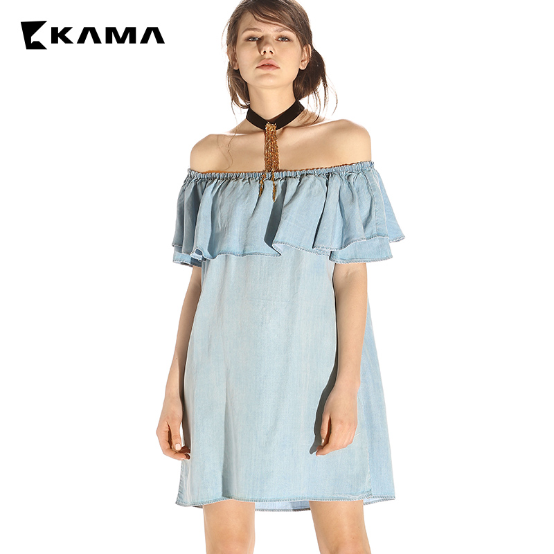KAMA女装 卡玛夏季冷淡风一字肩牛仔中长款露肩连衣裙子 7217162