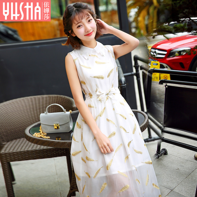 依嬅莎2019夏季新款女装韩版高腰白色雪纺连衣裙娃娃领长裙公主裙