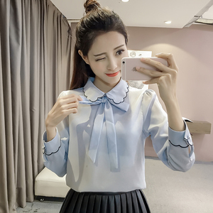 娃娃领雪纺衬衫女长袖T恤春装新款韩版蝴蝶结打底衬衣韩范上衣潮