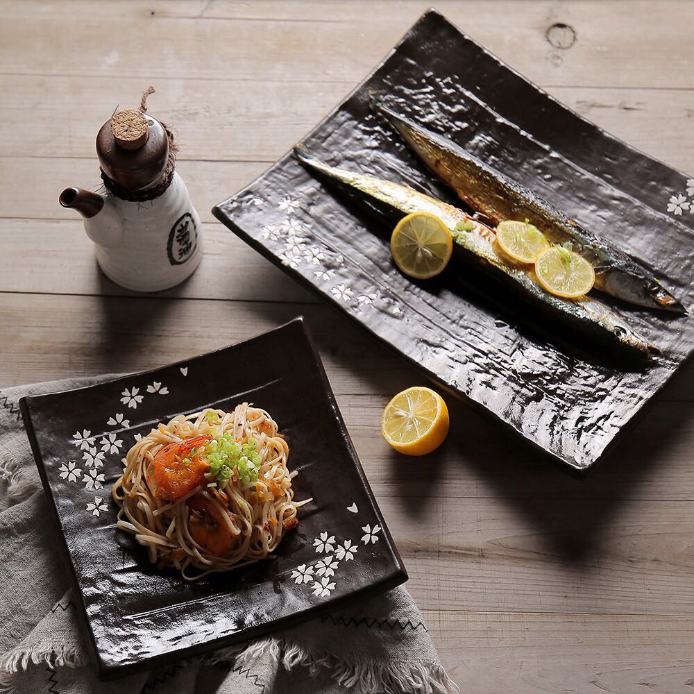 日式喷砂釉长方形摆盘樱花和风系列底座托盘寿司摆盘陶瓷餐盘