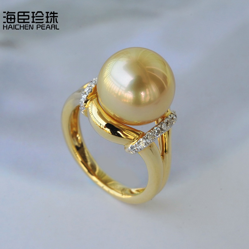 海臣珍珠 精品南洋金珍珠戒指18K金钻11.8mm 香港精工 SSPJ5229