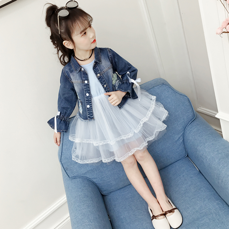 女童春装牛仔套装2019新款韩版中大童儿童洋气网纱连衣裙两件套潮