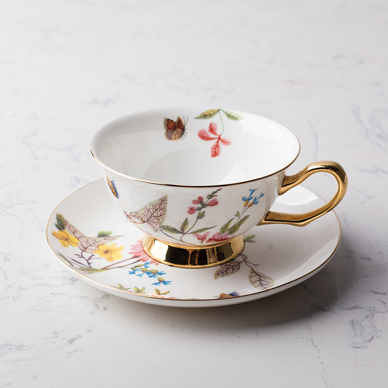 奇居良品 曲笛尔彩色花蝶骨瓷下午茶咖啡杯碟套装组合 1杯1碟