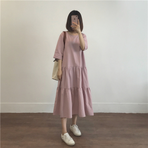 muzi 18春/长/短 两个版型都好看!小可爱法式娃娃裙连衣裙 粉/黑连身裙