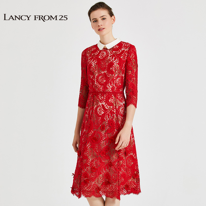 LANCY朗姿女装秋季新款时尚蕾丝镂空裙子红色五分袖连衣裙女