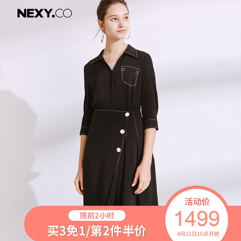 NEXY.CO/奈蔻黑色中长款减龄连衣裙气质五分袖春季新款不对称高腰