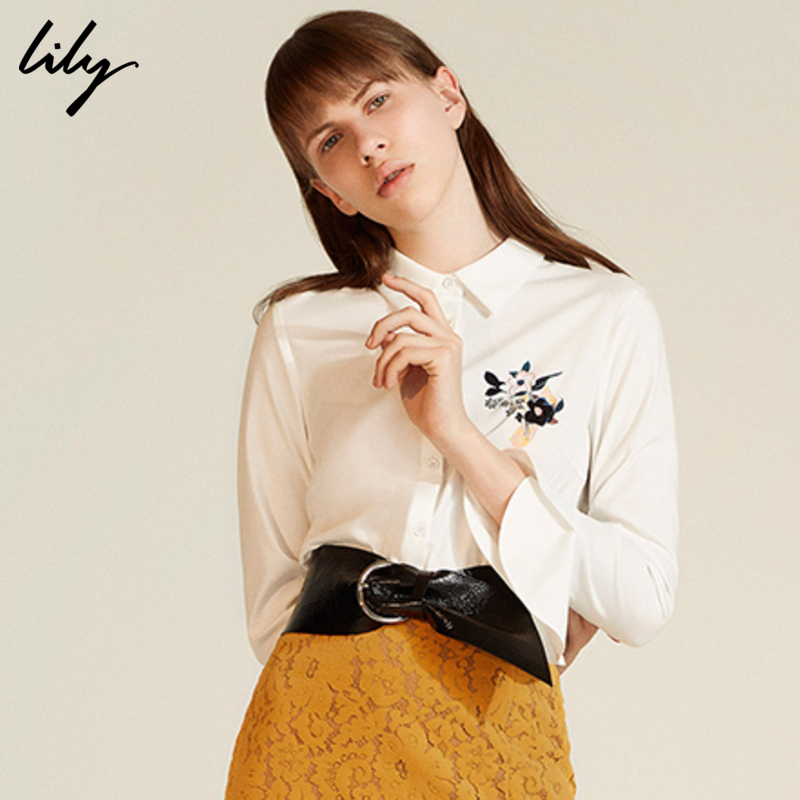 丽丽lily2018春装女装官方旗舰店荷叶袖修身衬衫衬衣117320c4606