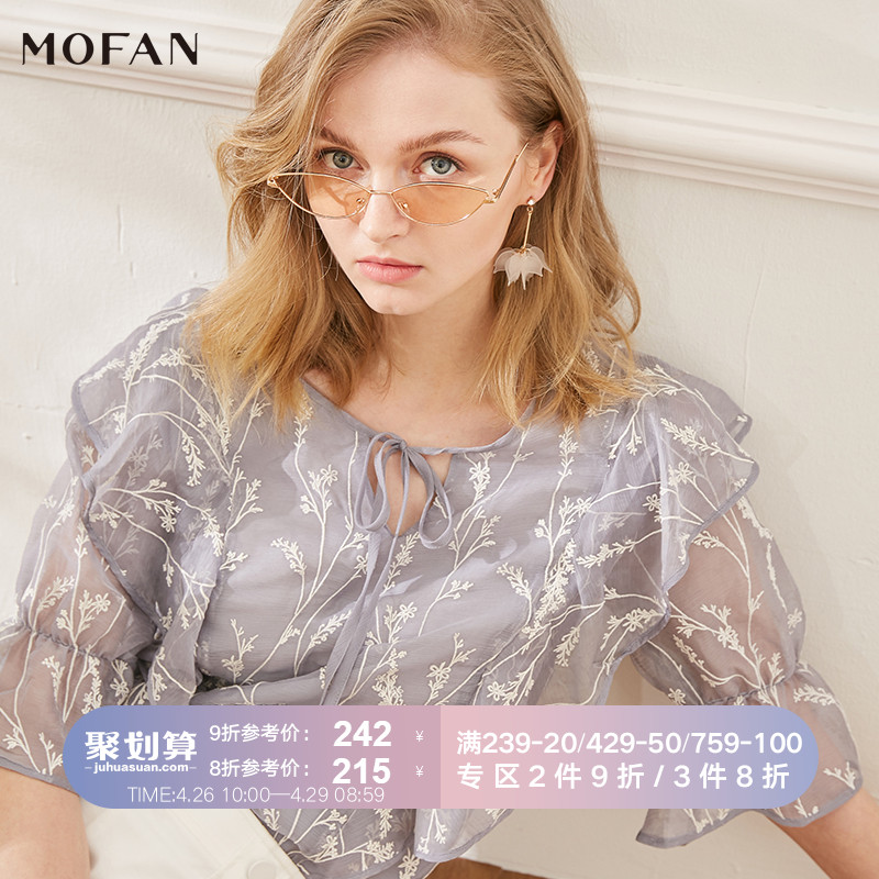 MOFAN2019夏季新款碎花雪纺衫圆领系带装饰五分袖短款荷叶边小衫
