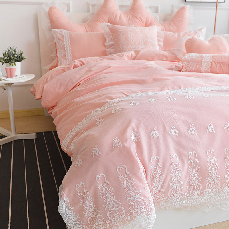 韩版蕾丝床上用品四件套全棉公主风床单被罩纯棉纯色被套结婚床品