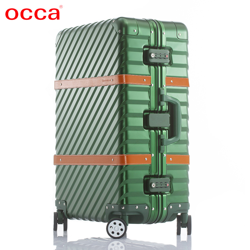 OCCA新款 L'armatura 斜条纹铝镁合金拉杆箱金属配牛皮复古登机箱