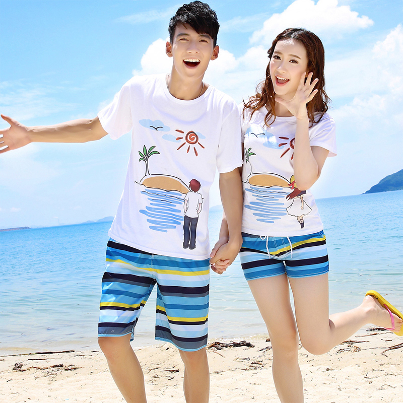海边度假沙滩装qlz情侣装夏装修身t恤创意韩国休闲上衣速干裤套装