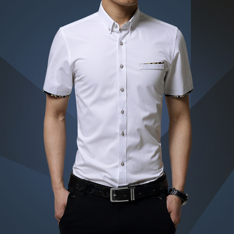 纯棉短袖衬衫男帝创者夏季韩版时尚休闲修身短袖衬衫男士印花绣花