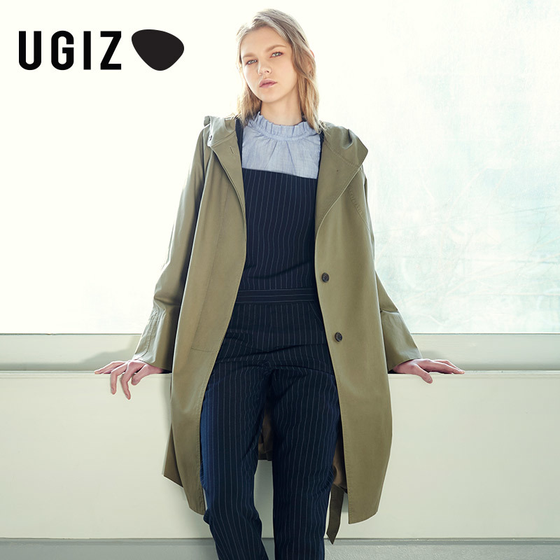 UGIZ春季新款女装纯色时尚宽松连帽口袋单排扣外套风衣女UAHA182A