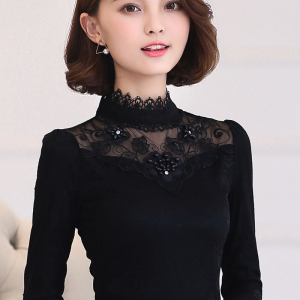 秋冬女装新款高领蕾丝衫加绒加厚女士打底衫长袖短款T恤保暖上衣女士T恤