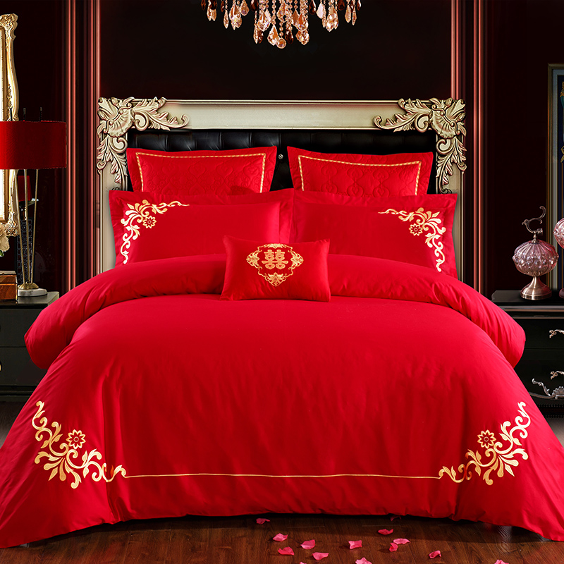 全棉婚庆四件套纯棉大红色六八件套新婚房结婚床上用品刺绣被套件